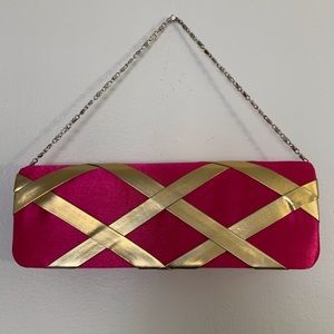 Cute small hot pink/gold clutch with silver chain